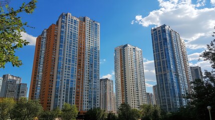 Tall skyscrapers dominate the skyline, reaching toward a bright blue sky adorned with fluffy white clouds. The urban landscape showcases modern architecture and vibrant life below.