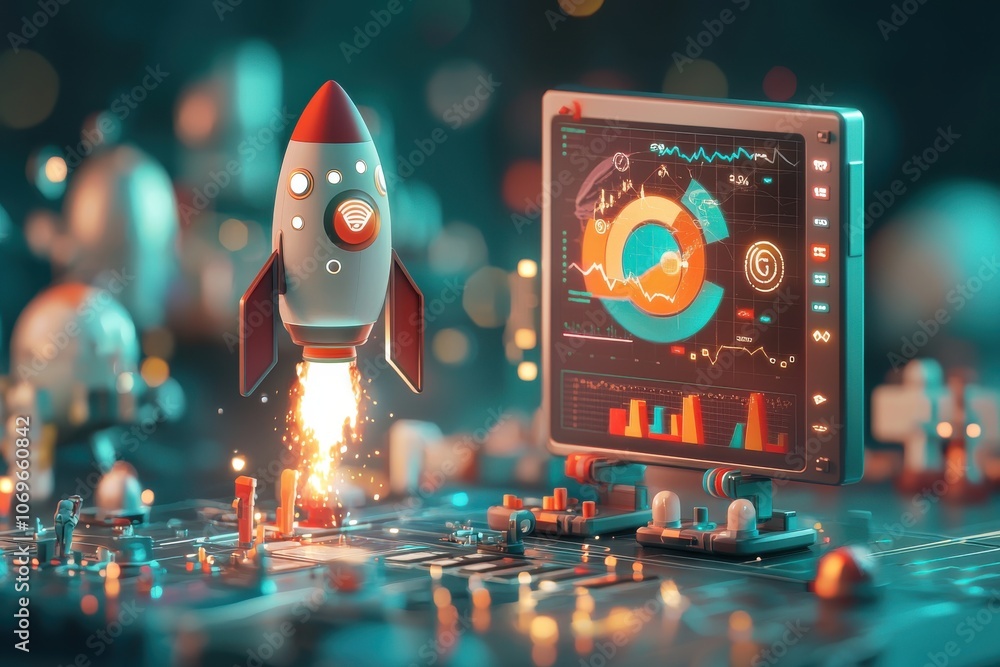 Poster rocket launch represents future growth in finance with data-driven insights and innovative technolog