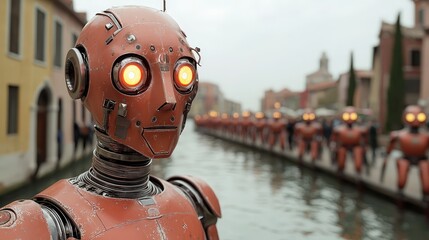 Futuristic Robots Marching Along a Canal in a Cityscape