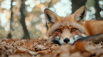 Obraz premium Close up of fox with large enchanting eyes resting on autumn leaves, showcasing its beautiful fur and serene expression in natural setting