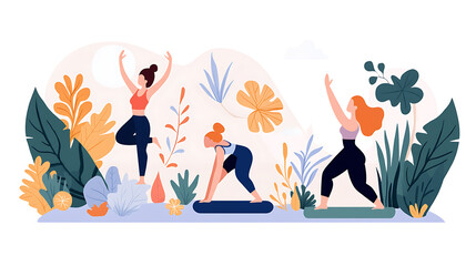 group of women practicing yoga outdoors surrounded by plants and flowers, promoting wellness and tranquility