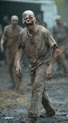 Horror Zombie Walking in Burnt Cemetery with Burning Sky   Digital Art