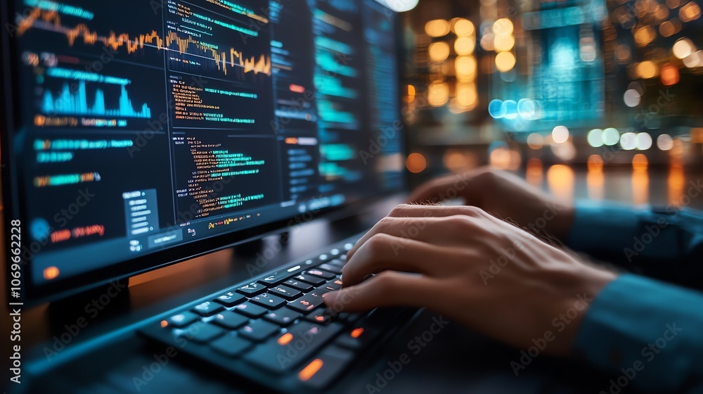 Aufkleber Close-up of programmer's hands typing code on a keyboard in front of a computer monitor displaying a code and charts.