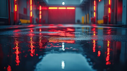 Wet asphalt at night, reflecting neon lights on a concrete floor, creating a moody, dark backdrop for product showcases.