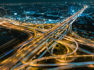 Night Scene of Burapha Withi Expressway, Industrial Ring Road, Bangna Intersection, Routes, Ring Road intersections, intercity connections for transportation, Bangkok Thailand, aerial view