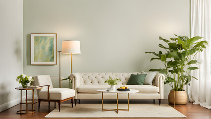 modern living room with sofa, Frame over simple white-toned furniture in front of the white wall, mock-up frame
