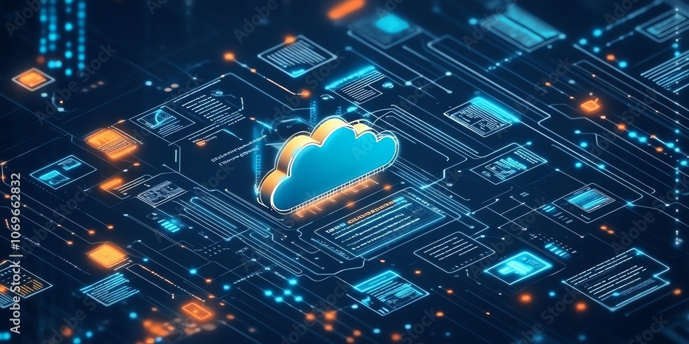 Poster Cloud computing concept with a 3D cloud icon on a circuit board background.