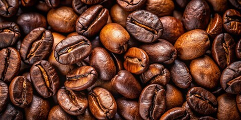 Obraz premium A close-up view of roasted coffee beans, showcasing their rich brown color and intricate textures, hinting at the aromatic and invigorating beverage they will become.