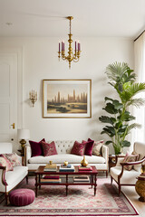 modern living room with sofa, Frame over simple white-toned furniture in front of the white wall, mock-up frame