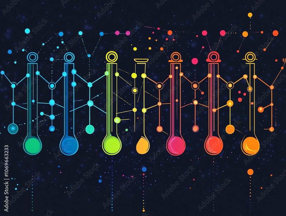 Aufkleber colorful abstract digital illustration with connecting dots and lines on a dark blue background.