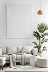 modern living room with sofa, Frame over simple white-toned furniture in front of the white wall, mock-up frame