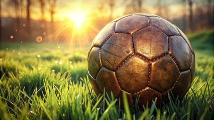 Fototapeta premium A Worn Leather Soccer Ball Rests in the Golden Glow of a Sunset on a Lush Green Field