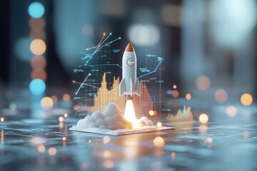 Rocket launch ignites economic growth amid upward trending graphs and financial optimism