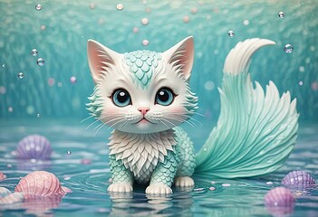 Obraz premium Adorable chibi mermaid cat in minimalist style