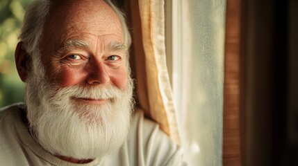 An elderly man with a joyful smile sits by the window of his rustic cabin, embracing the tranquility of the surrounding nature as he reflects on memories and experiences.
