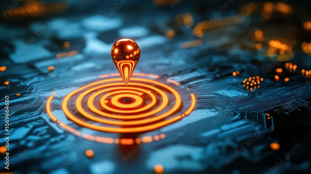 Poster a digital representation of a location marker on a circuit board, symbolizing technology and navigat