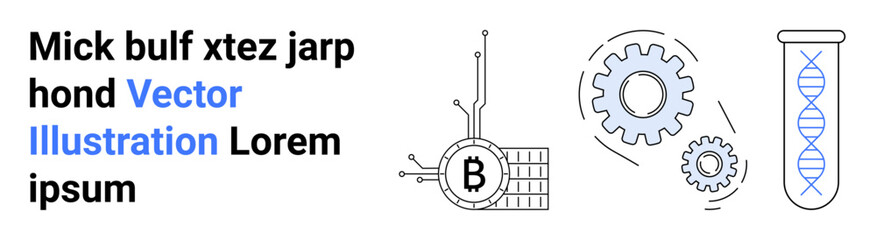 Blockchain symbol beside connected nodes, two interlocking gears, and DNA helix in test tube showcase technology and biotechnology. Ideal for tech, biotech, blockchain, education, innovation