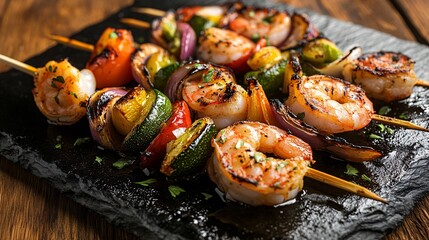 60.Skewers of grilled shrimp with assorted vegetables, arranged on a black stone plate, vibrant colors, smoky and savory, rustic wooden table adding warmth, rich and appetizing presentation