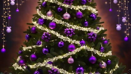 A majestic Christmas tree adorned with vibrant purple ornaments, garlands, and festive bows, shining brightly amidst a warm ambiance, its branches twinkling with hundreds of soft, dreamy fairy lights 