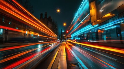 A dynamic city scene showcasing light trails from vehicles on a rainy night.