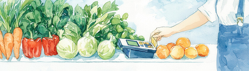 Naklejka premium A colorful display of fresh vegetables and fruits, with a hand using a scale for weighing items.