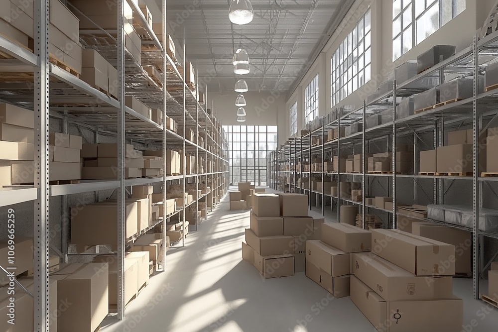 Poster large empty warehouse with rows of stacked cardboard boxes on shelves.