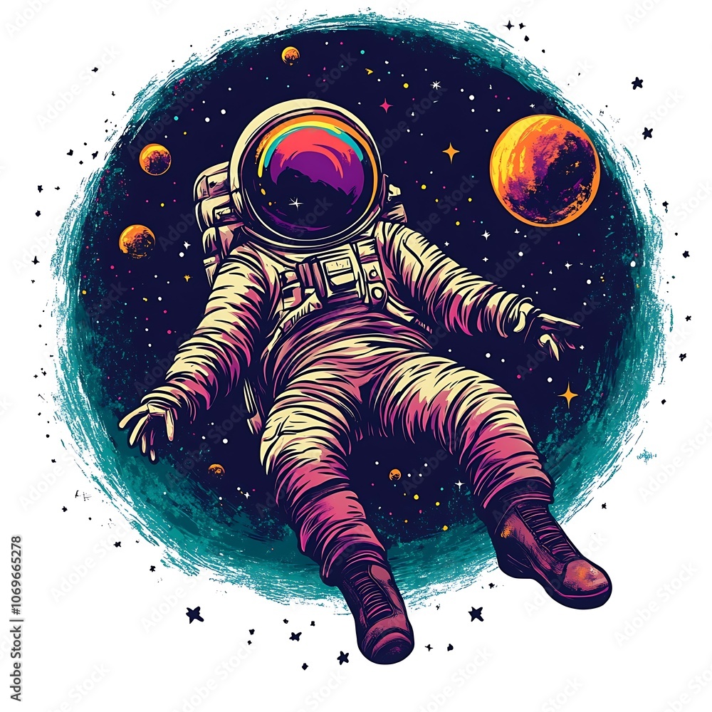 Poster A colorful astronaut floats weightlessly in space, surrounded by stars and planets.