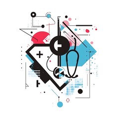 Obraz premium Abstract illustration of a stethoscope, medical cross and geometric shapes.