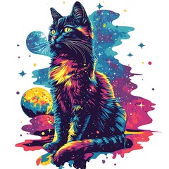 A black cat with glowing fur sits in front of a colorful galaxy background with two planets.