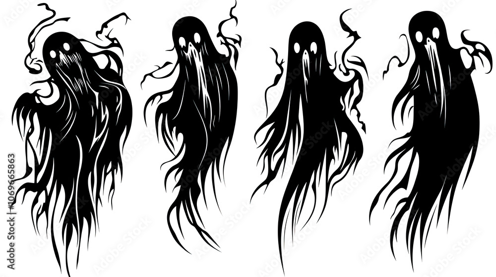 Poster creepy ghost silhouettes isolated on a transparent background generative ai