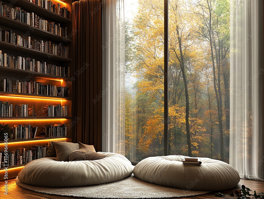 Poster cozy reading nook with large windows overlooking autumn forest.