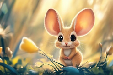 Adorable Cartoon Mouse with Large Ears in a Sunlit Forest Clearing