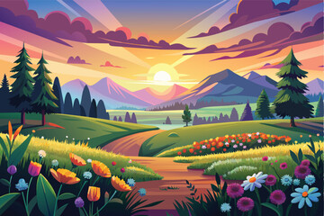 Colorful Sunset Over Rolling Green Hills With Winding Path and Flowers