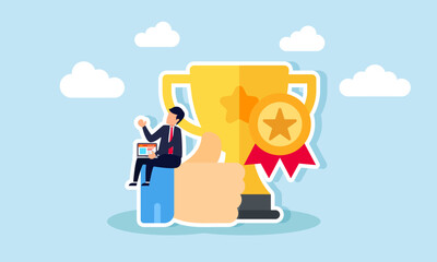 Obraz premium A businessman with a laptop sits on a like thumbs-up sign next to trophies and awards, illustration of receiving appreciation and awards for great business performance