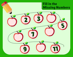Educational counting worksheet with apples and missing numbers for kids in flat vector design