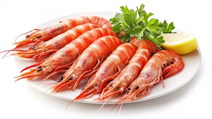 95.Fresh shrimp neatly arranged on a plate, rich details and natural colors, white background, simple yet vibrant, showcasing the freshness and appeal of raw seafood