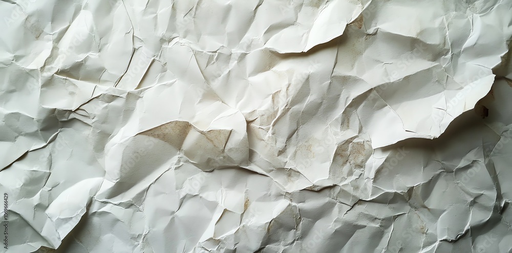 Poster crumpled white paper with texture and shadows.