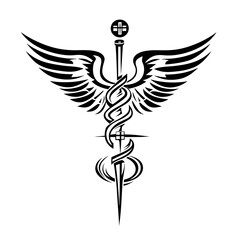 Fototapeta premium A black and white illustration of the Caduceus, a symbol of medicine, with wings.