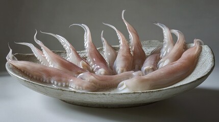 18.Several squid arranged on a ceramic plate, fins fanned out, translucent bodies, soft light capturing the detail of each squid, minimalistic and inviting seafood display
