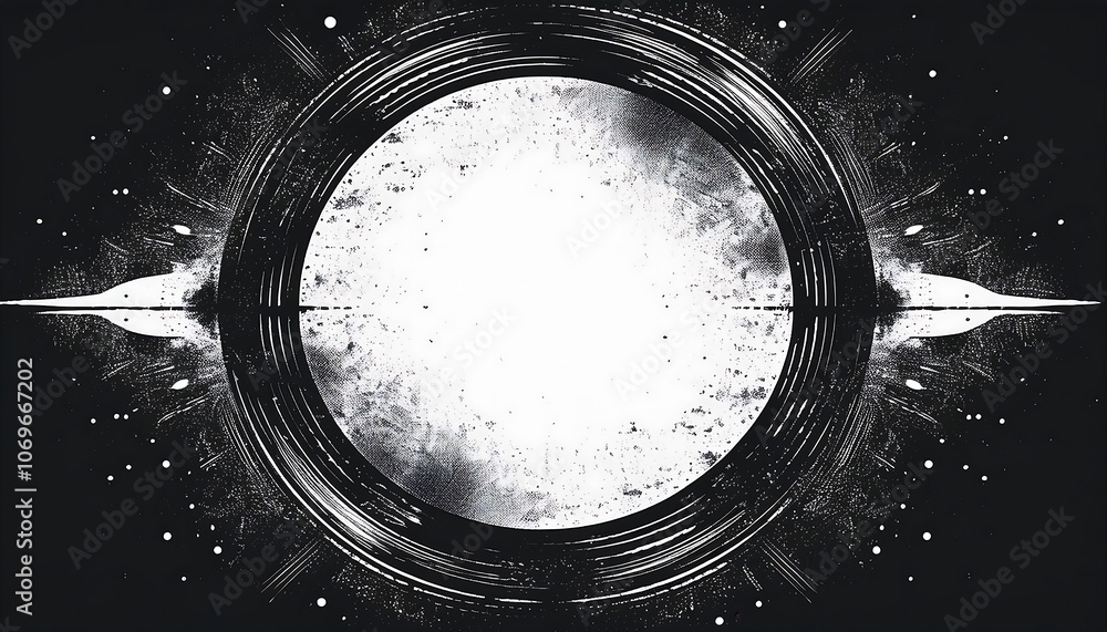 Poster abstract circle with grunge texture and light burst in black and white.