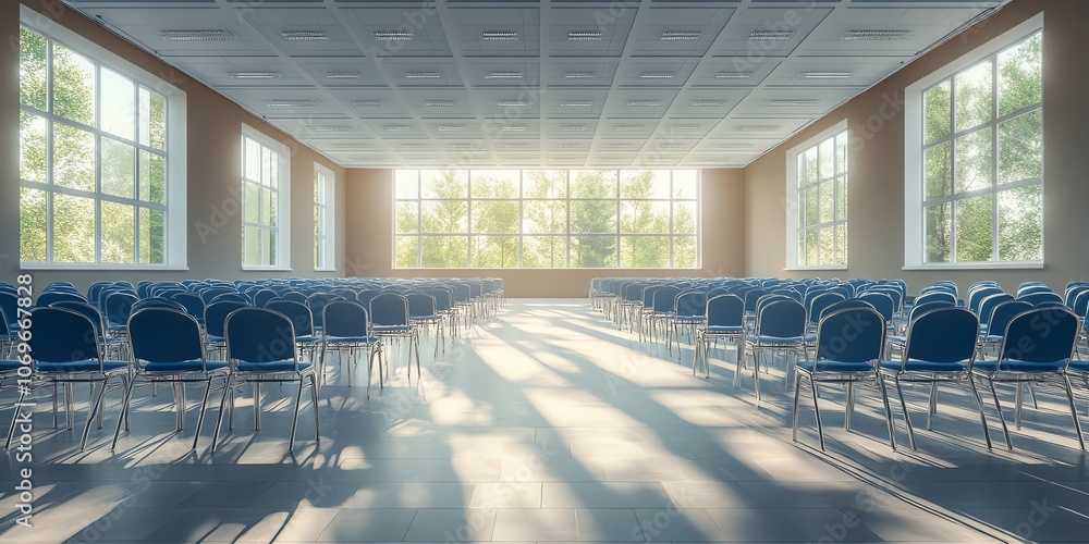 Poster Empty conference room with rows of chairs facing a large window. Sunlight shines through the window, illuminating the room with a soft, warm glow.