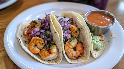 100.Shrimp tacos with fresh toppings, tender seasoned shrimp, and tangy sauces in soft tortillas, bright colors and inviting textures, fresh and flavorful, perfect for a light meal