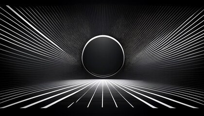 Abstract black and white background with glowing lines and a circle in the distance.