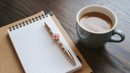 Minimalist workspace setup with a blank notebook and coffee on a wooden table