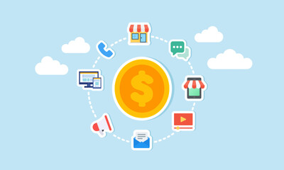 Dollar coins surrounded by items related to business marketing management, illustration of the need for investors and investments for business development
