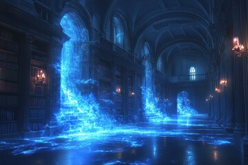 A Glowing Blue Portal in an Ancient Library
