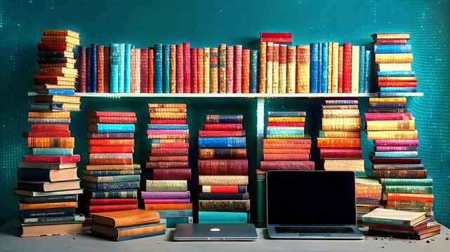 Stacks of vintage books on a shelf with a laptop in the front.