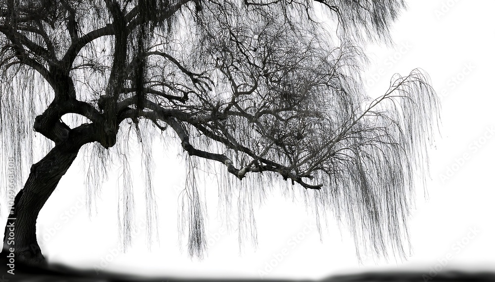 Poster A weeping willow tree silhouette with its branches cascading down against a white background.