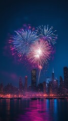 Fireworks exploding over a city skyline at night, reflecting in the water.