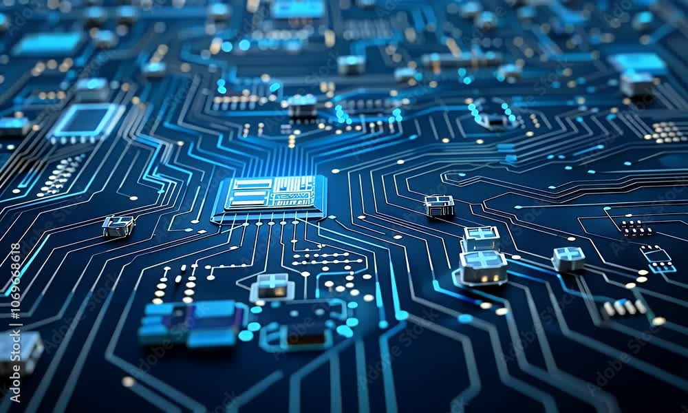 Poster digital blue circuit board background with computer code and technology symbols, including the icon 
